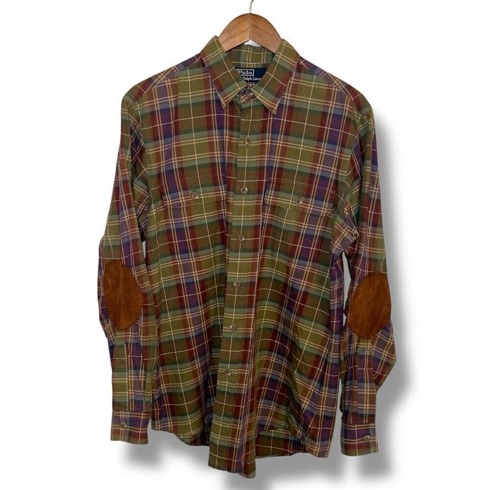 Polo Ralph Lauren Plaid Flannel Suede Patch Shooting Bradford Shirt M